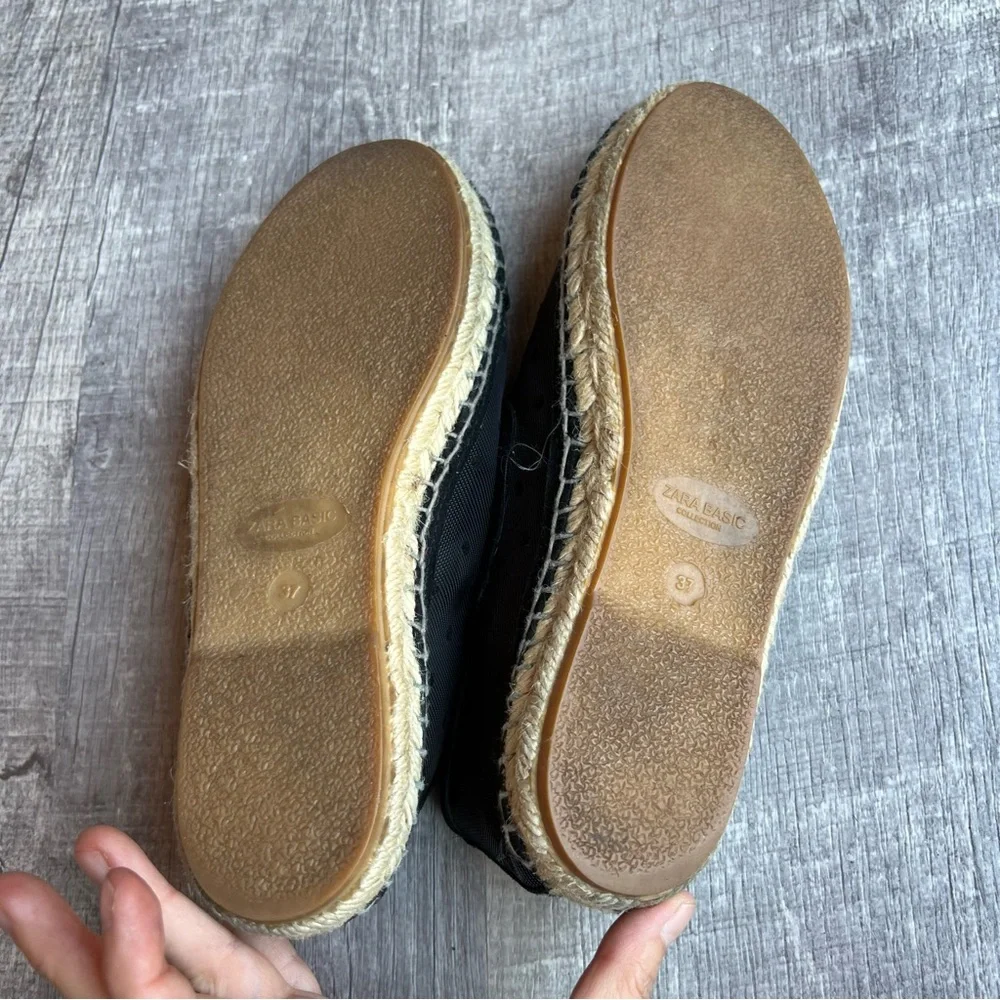 Zara Basic Womens Espadrilles Slip On Size 37 Black Solid Toe Netting Sides Comf